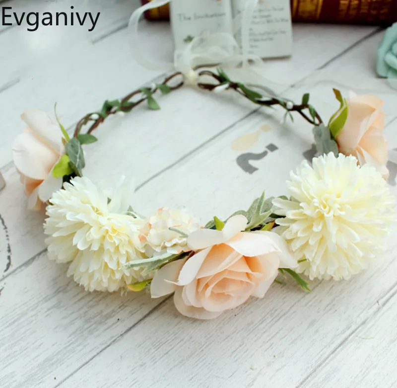 

Fashion Ladies Flower Garland Hair Loop Seaside Holiday Headband Photography Bride Bridesmaid Accessories Head Ribbon Hairbands