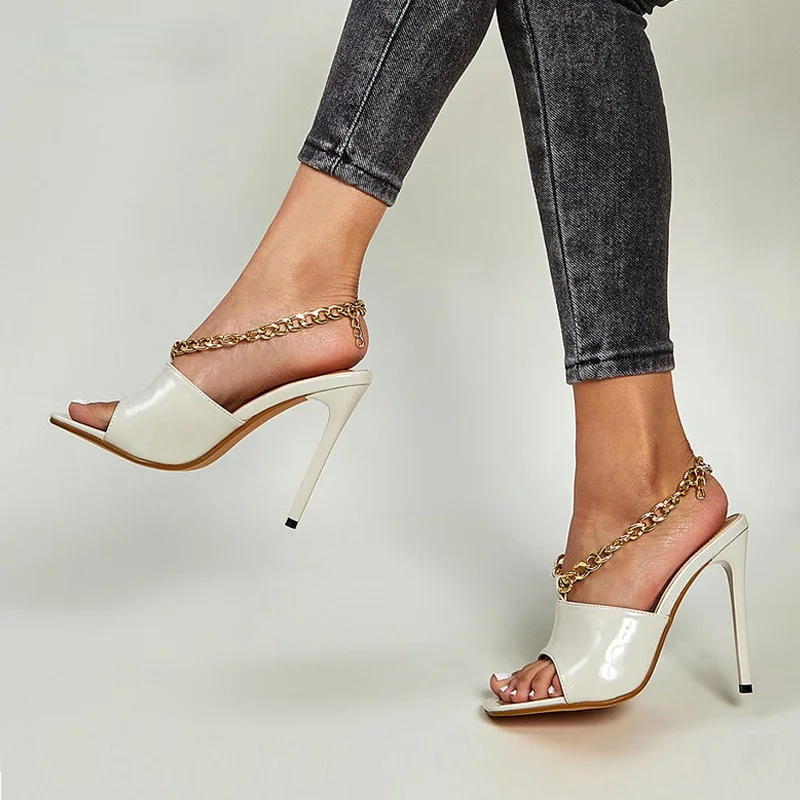 

YEELOCA New Fashion Ankle Buckle Strap Chain Decoration Designer Slides Shoes For Women Sandals Summer Party Stiletto High Heels