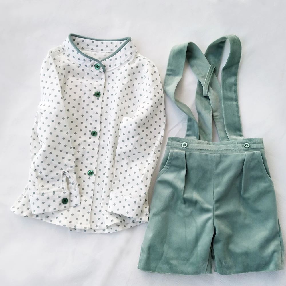 2021 Autumn Winter Spanish Children's Wear Long Sleeve Shirt with Wool Belts 2pcs set Boys Boutique Kids Clothing Clothes |