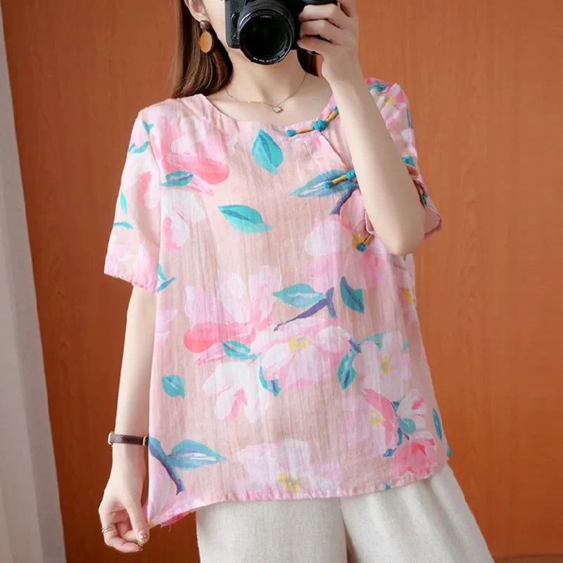 

Women Cotton Linen Printed Casual Shirts New Arrival 2021 Summer Women Top Blouses Comfortable Simple Tops S3218