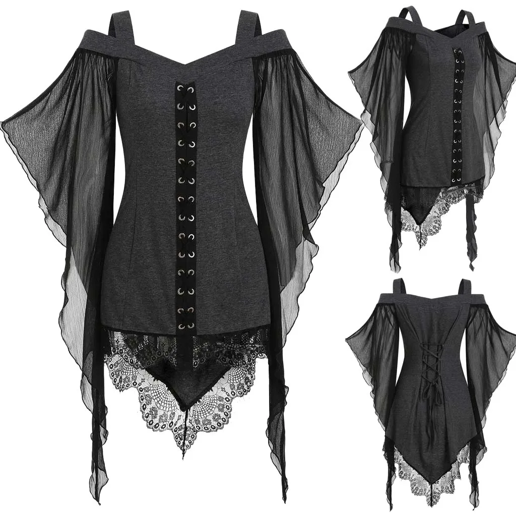 

Halloween Blouse Women New Fashion Vintage Autumn Women Gothic Lace Insert Sleeve shirt Plus Size Tops