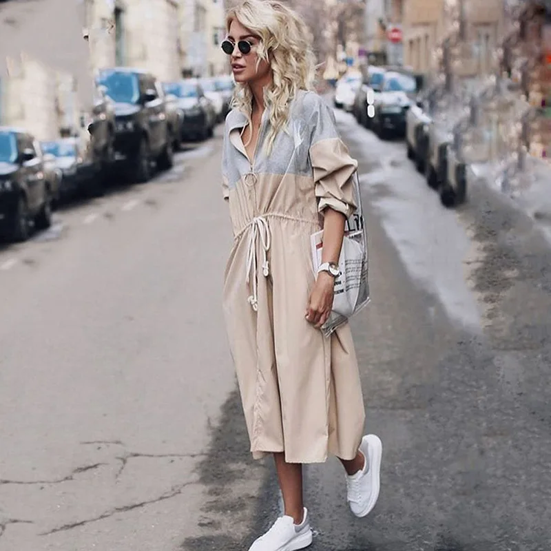 2019 Модный Новый Женский Повседневный Тренч длинный ремень на молнии Офисная