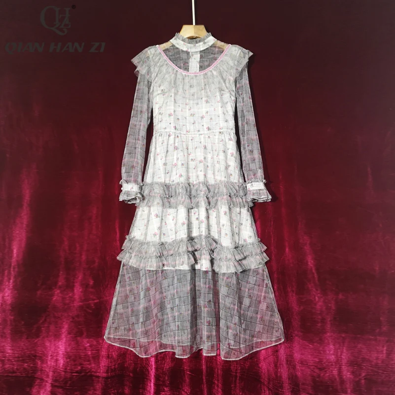 

Qian Han Zi Designer 2020 Fashion Runway Summer Dress Womens long sleeves Mesh printed ruffles vintage Midi dress