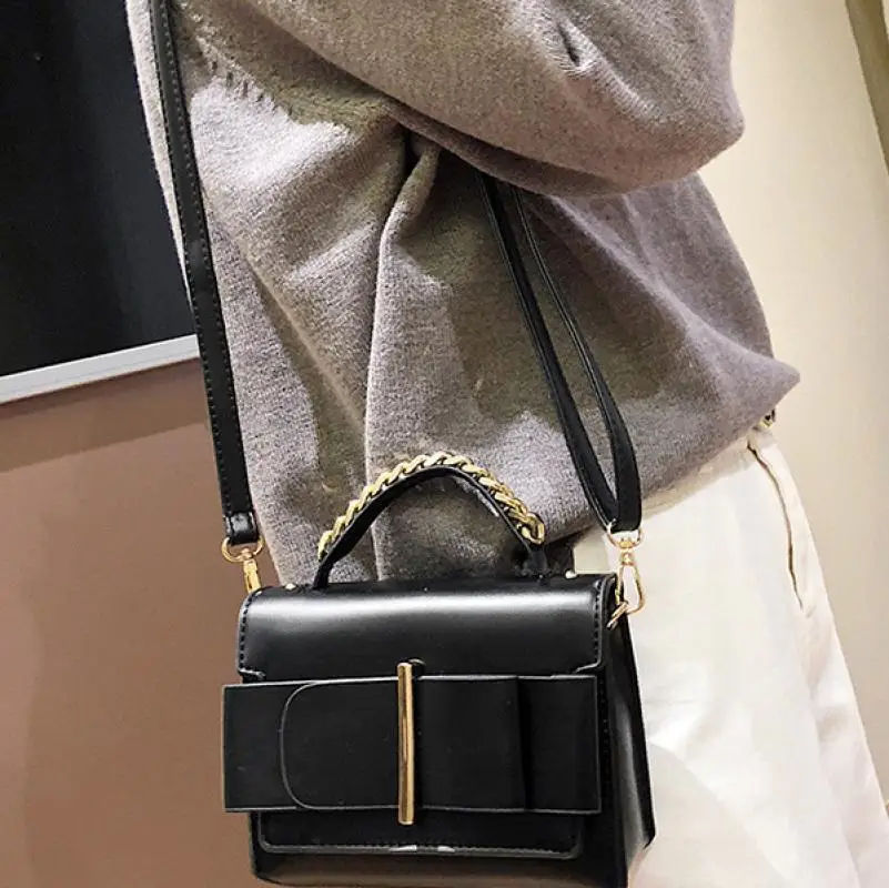 

Brown Leather Flap Trendy Black Crossbody Bags Women Bow Decoration Rectangle Small Handbag Solid Fashion Party Shoulder Bag