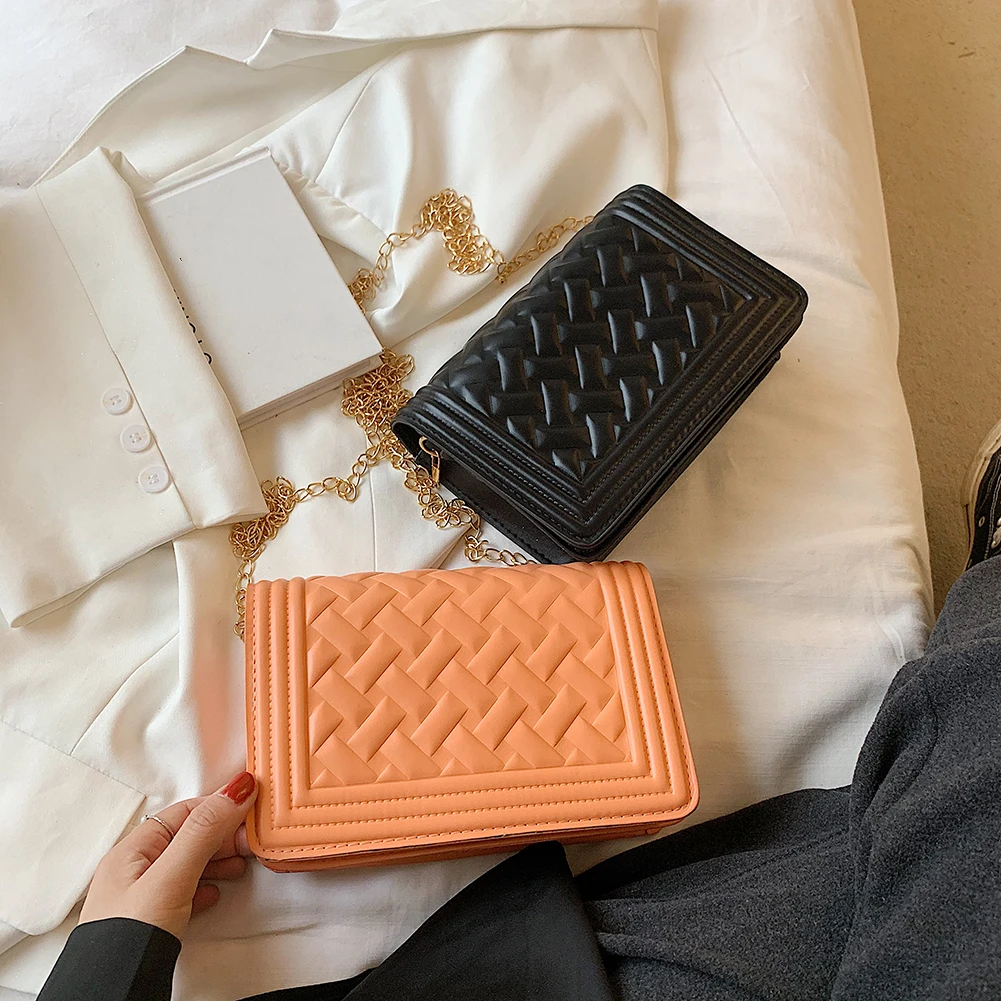 

Retro Pure Color PU Embossed Woven Bag Chain Shoulder Messenger Women Flap Casual PU Leather Pure Color Chain Handbag Purse