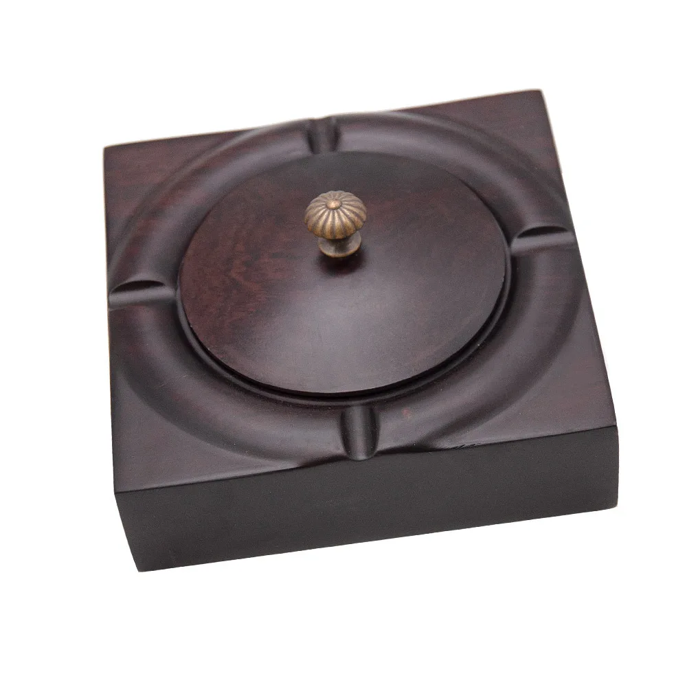 

New Crative Fashion square ebony Wood Color Southeast Asia Features Solid Wood Ashtray Personality Wooden With Lid Ashtray