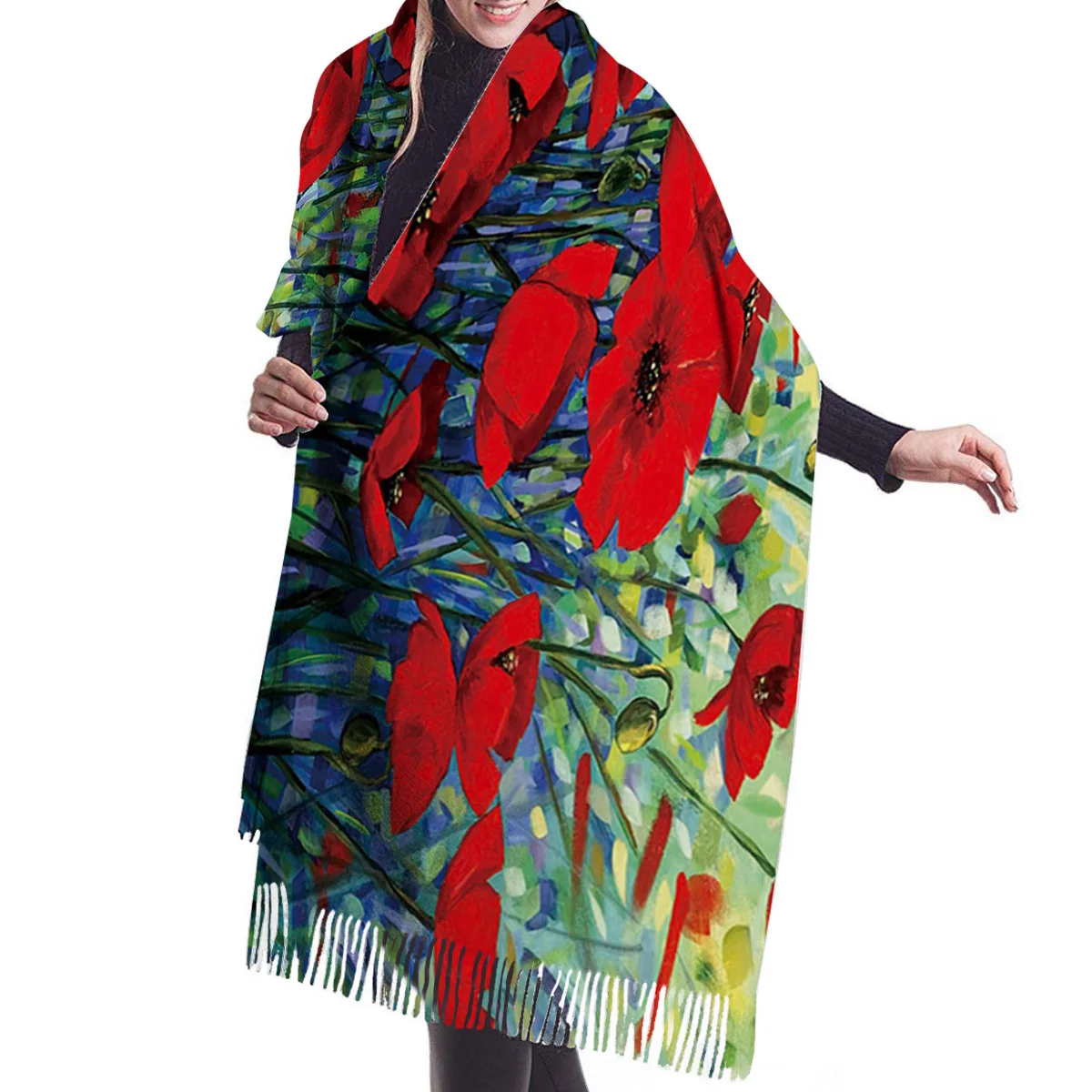 Мягкие кашемировые шарфы женские осенние палантины с рисунком макового цветка
