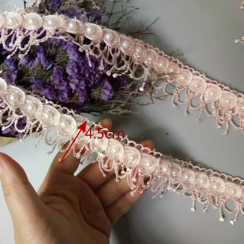1 ярд Светло-розовый жемчуг кисточкой Цветы сливы Жемчуг Кружева отделка ленты