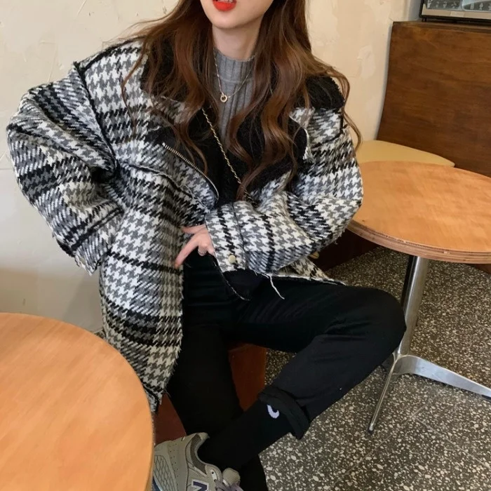 

Lapel Thickened Cashmere Coat Thousand Bird Check Coat Autumn and Winter Medium Long Loose Windbreaker Women