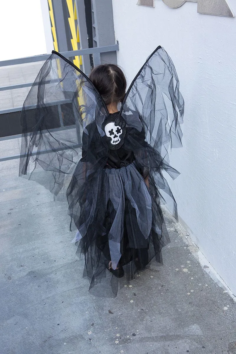 Черное платье с изображением скелета ангела для девочек Костюм на Хэллоуин детей