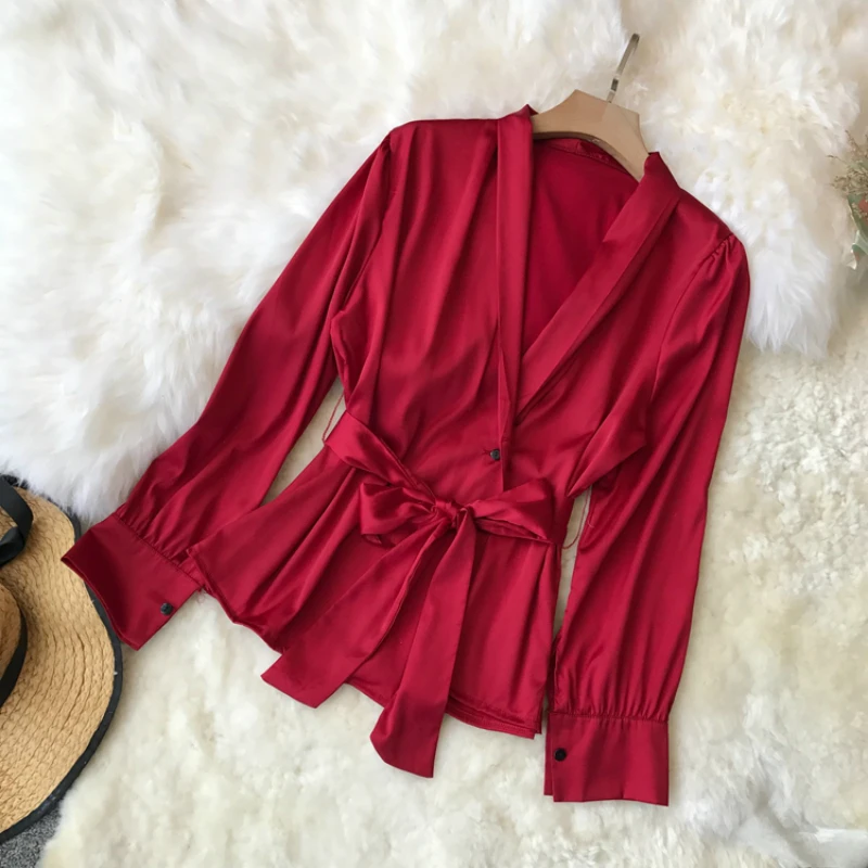 Женская рубашка с V образным вырезом поясом|Блузки| |