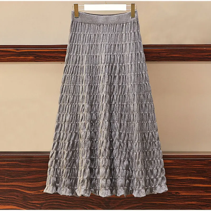 Серая плиссированная вязаная юбка-макси большого размера 5XL зимняя осенняя