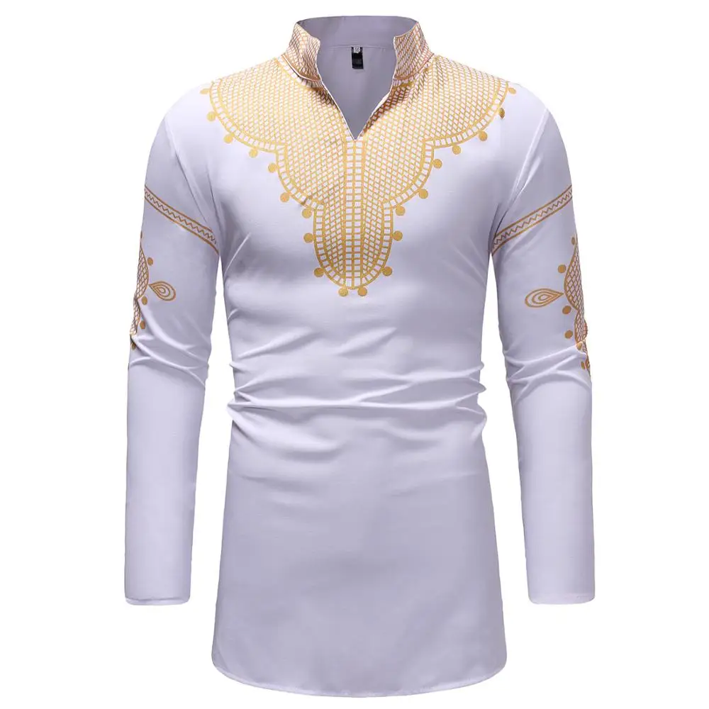 

White Longline African Traditional Dashiki Shirt Men Brand Casual Long Sleeve Mandarin Collar Shirt Pullover Men Africa Clothing