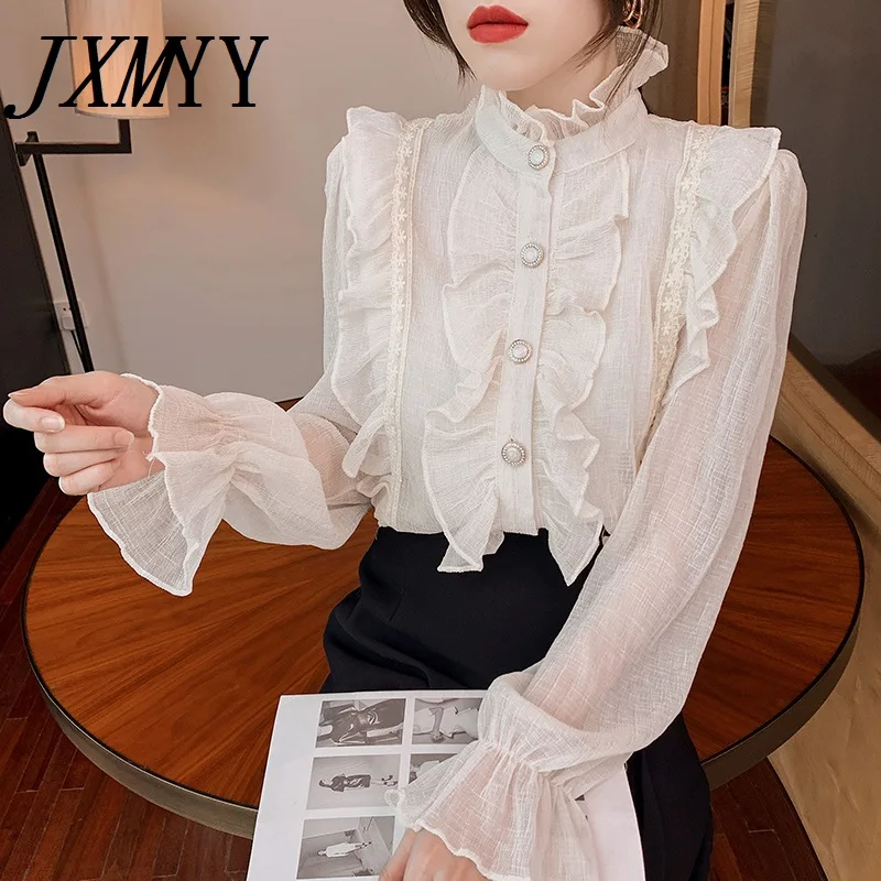 

Korean Ruffle Lace Chiffon Shirt Elegant Sweet Chic Long Puff Sleeve Women Blouse Apricot Tops Stand Collar Clothes Blusas
