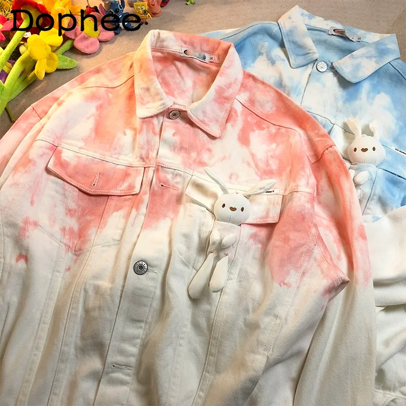 

Fashion Tie-Dye Denim Shirt Jacket Coat Women 2021 New Spring Autumn Clothing Loose Cartoon Rabbit Couple Blouse Top High Street