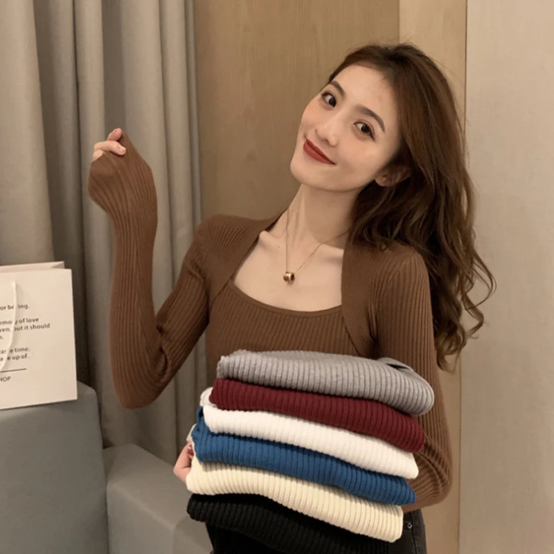 

Square Collar Long Sleeve Woman Sweaters Knitted Pullover Women Spring Autumn Sweater Winter Tops For Women Black White Jumper