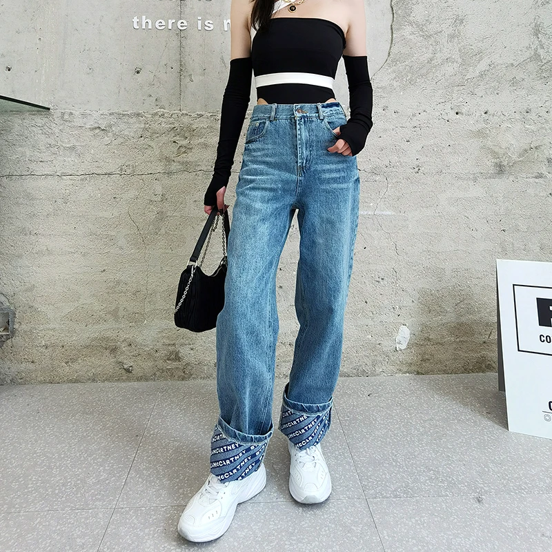 

[DEAT] High Elastic Waist Trousers New Slim Fit Pants Women Blue Button Fly Pockets Flanging Fashion Tide Summer 2021 7E7765