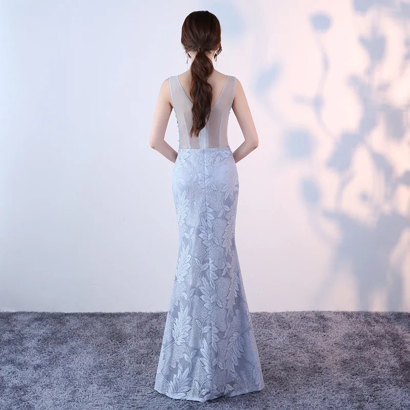 Женское прозрачное кружевное платье-Ципао голубое длинное вечернее платье в