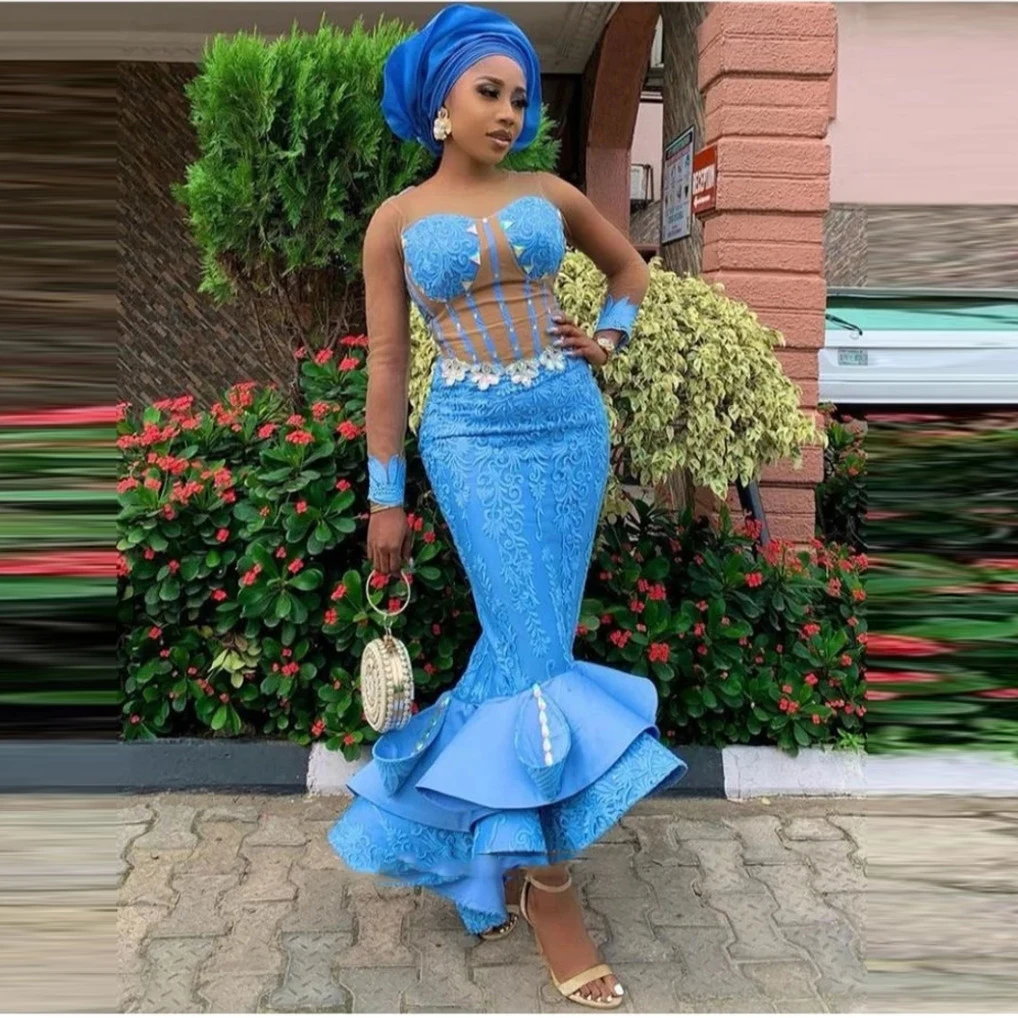

Sky Blue Mermaid Prom Dresses With Sheer Neck Appliques Lace Beads Aso Ebi Evening Dress Ankle Length Party Gowns African Women