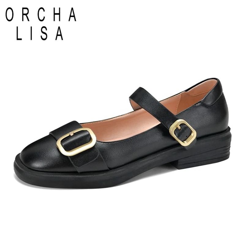 

ORCHALISA 2021 New Mary Janes Flat Round Toe PU Leather 3cm Square Heel Buckle Black White 32-43 Lady Shoes Loafers Flats S2429