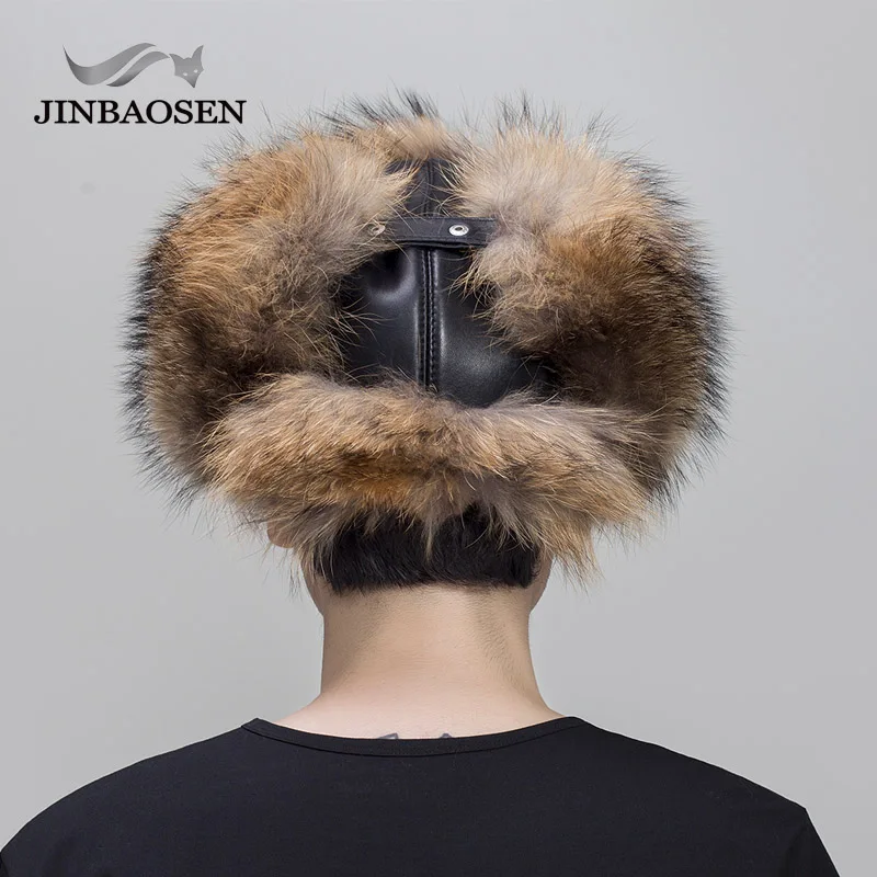JINBAOSEN Russian leather leather bomber hat men's winter hat earphones earmuffs men's hats natural raccoon fur black fox hat