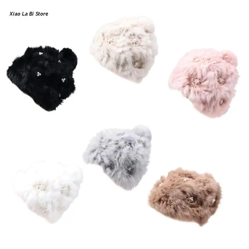 

Модная шапка XXFD из искусственного кроличьего меха с жемчугом, Женская осенне-зимняя теплая Милая шерстяная шапка во французском стиле для ж...