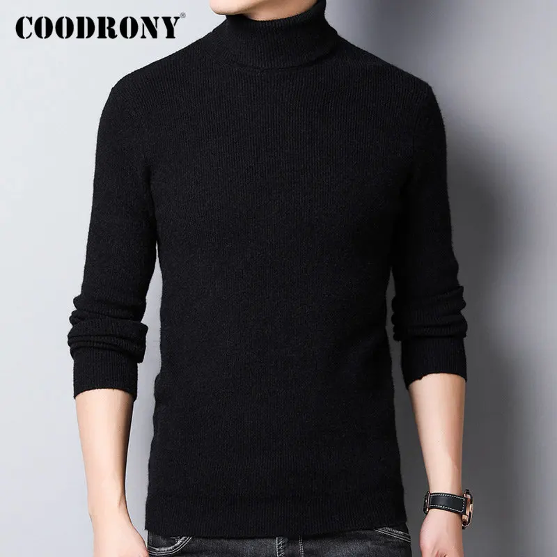 Черный COODRONY свитер для мужчин Уличная мода трикотаж кашемир водолазка Pull Homme осень зима толстый теплый шерстяной пуловер для мужчин 91099 - Цвет: Черный
