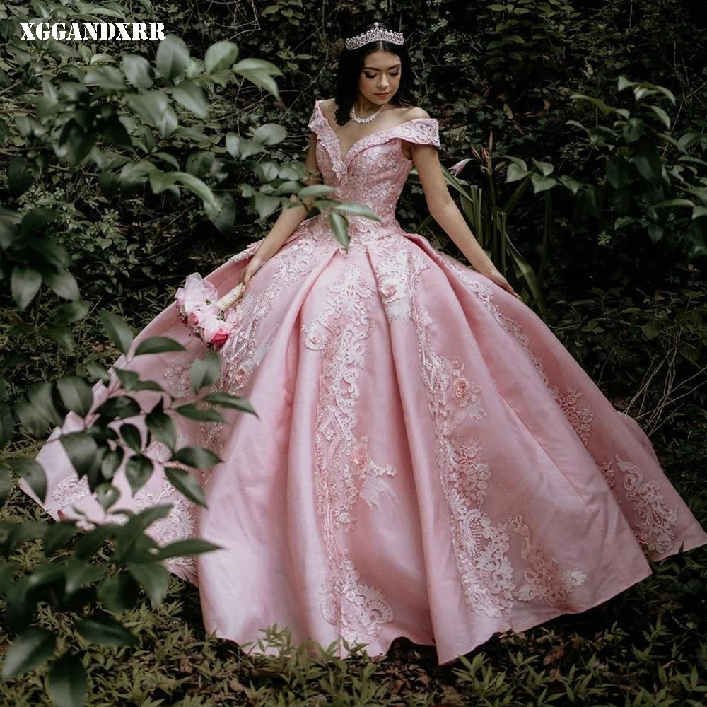 

Великолепное бальное платье, платье для Quinceanera 2022, атласная длинная юбка с аппликацией, милая розовая юбка без рукавов на день рождения со шлейфом 15 16