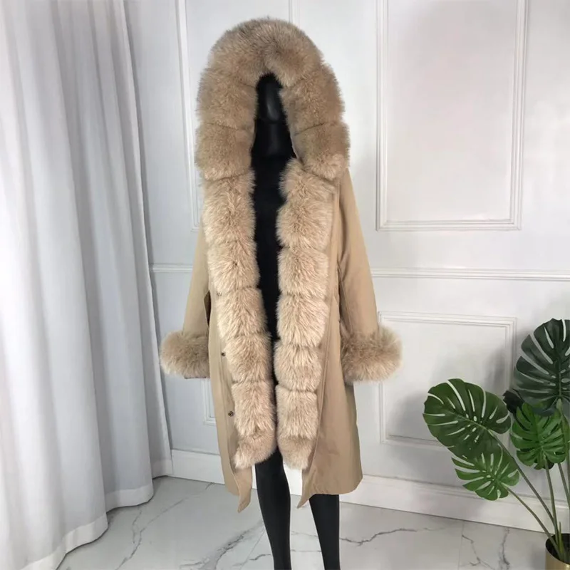 Women Winter Long Parkas Coat Women Fox Fur Collar Rabbit Fur Lined Hooded Jacket In Stock