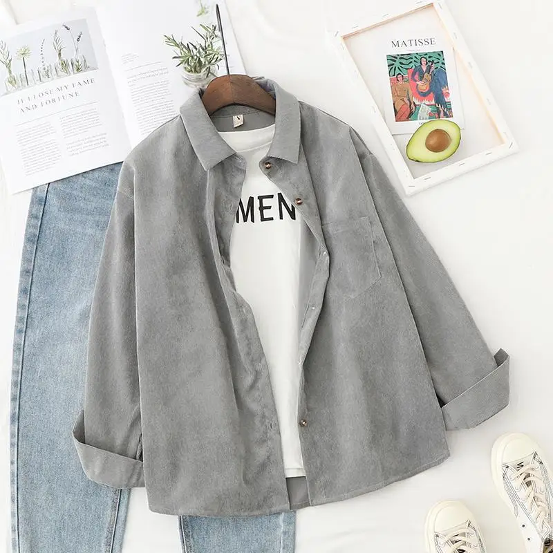 

Corduroy Shirts Women Blouses Outwear Tunic Lady Tops And Blouses Long Sleeve Female Clothing Button Up Down Loose Green Gray
