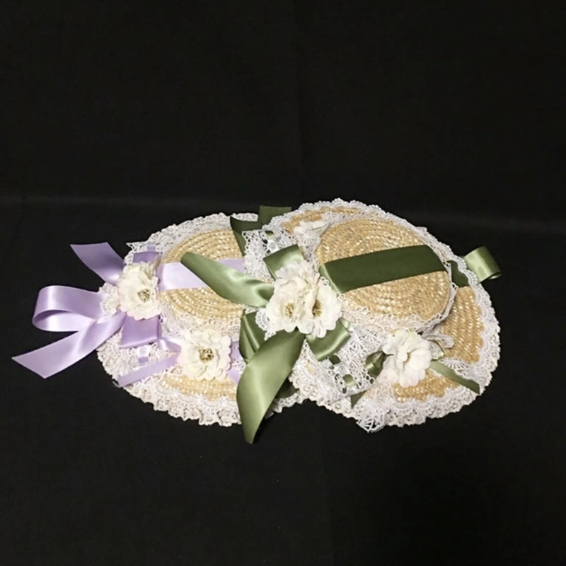 

Lolita Tea Party Flat Hat Multilayer Lace Bonnet Floral Ribbon Bow Straw Sun Cap