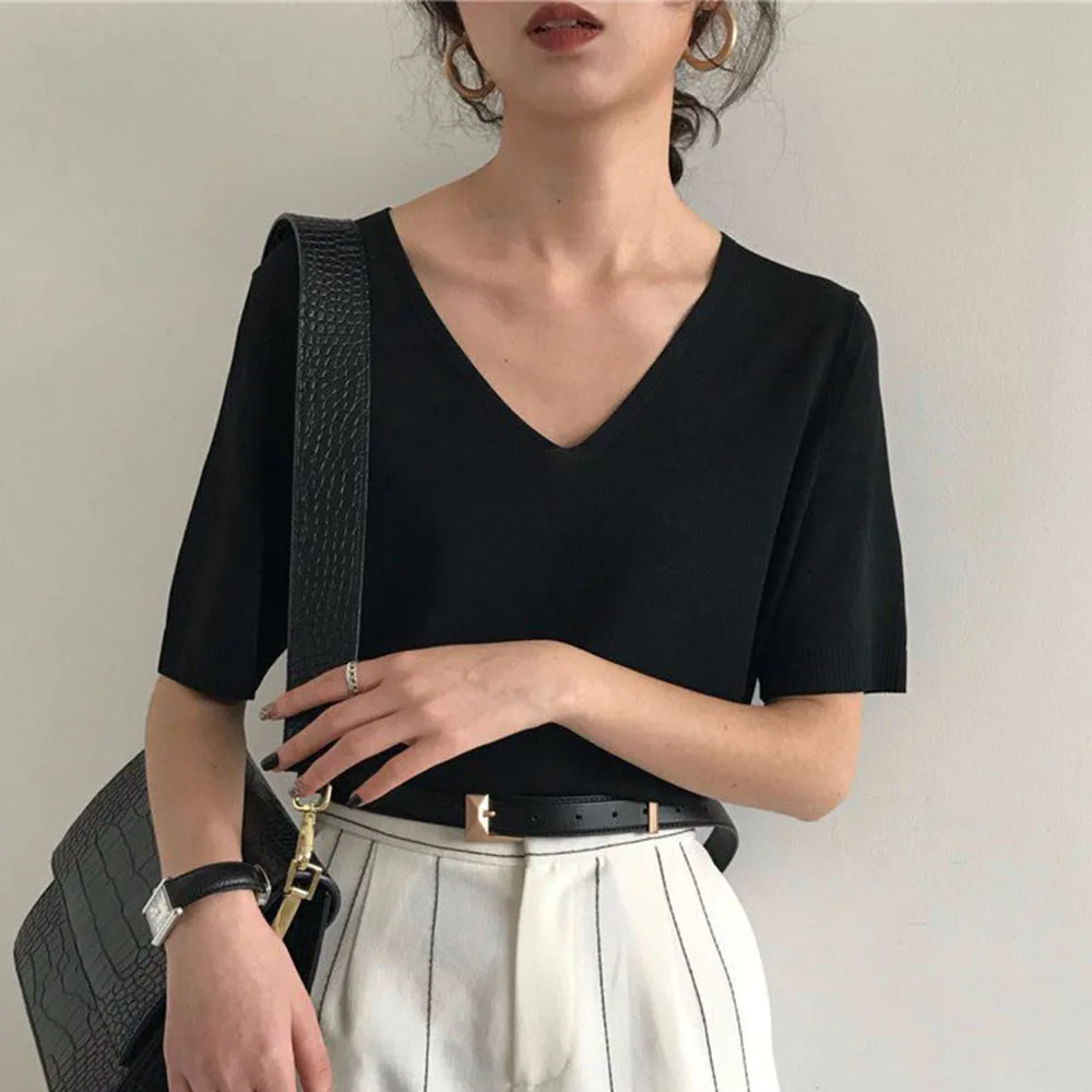 Летняя Корейская шикарная трикотажная футболка женские топы с коротким рукавом