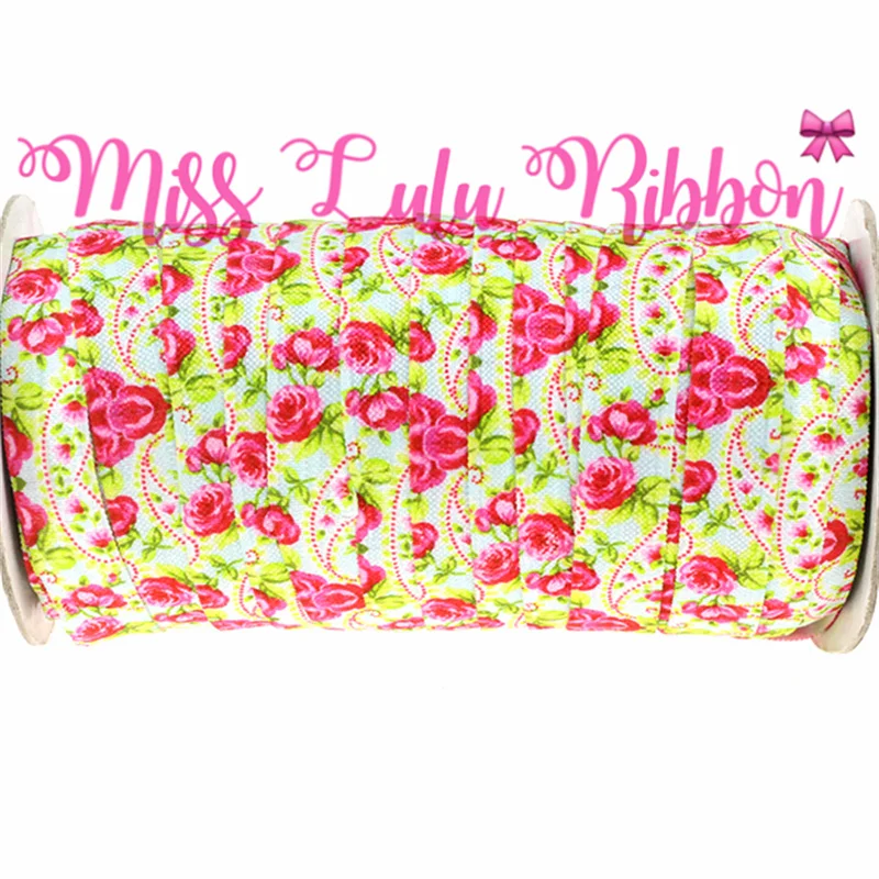 

5/8"16mm 50yards/roll Rose Flower Printed Elastic Ribbon Apparel Sewing&Fabric Accessories Ribbon DIY Christmas MD150618-16-0707