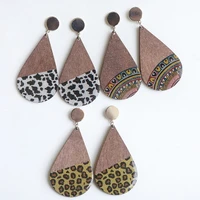 european fashion cow pattern african print leopard wood epoxy water drop shape vintage boho wooden stud earrings for women