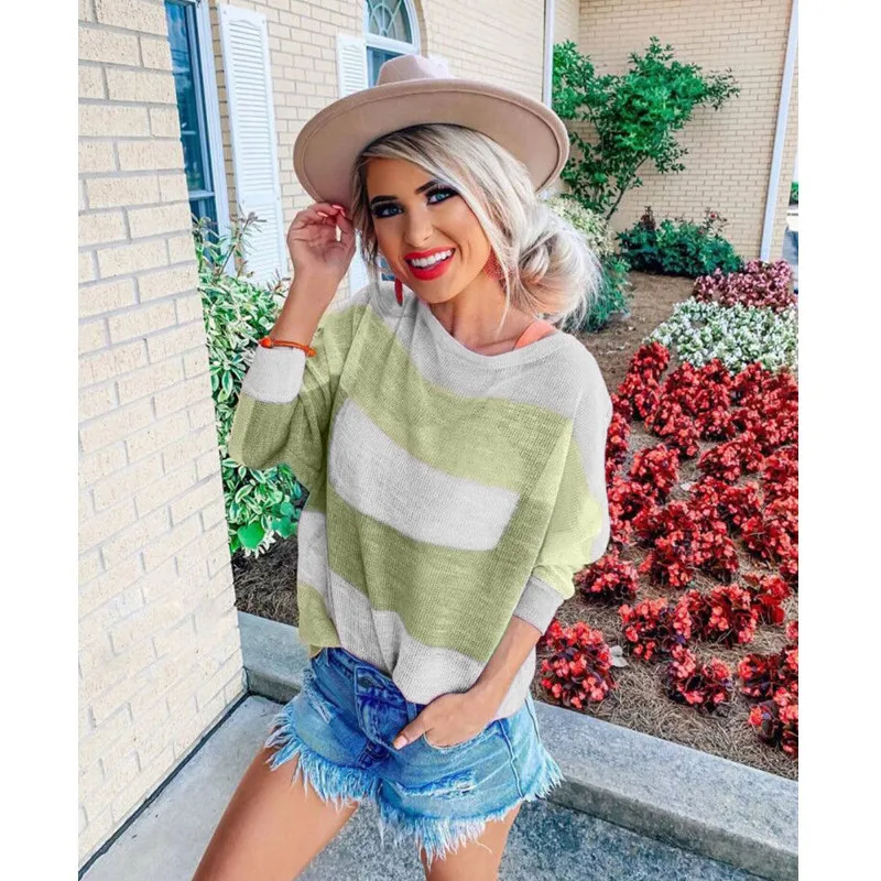 Осенняя футболка с длинным рукавом Женская Повседневная Camiseta Mujer топы Футболка Ropa Harajuku полосатая футболка Blusas Женская водолазка женская одежда - Цвет: B green