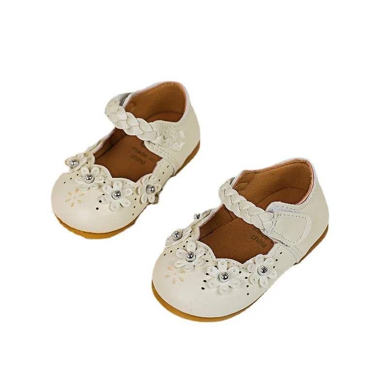 

2021 Spring Baby Girls Wedding Party Shoes Fine Leather Flat Mary Janes Shoes for Toddler Beige Pink Shoes Flowers Girls E01027