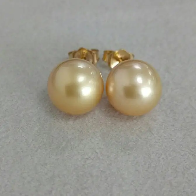 Бесплатная доставка 9 5-9 6 мм почти круглые золотые серьги-гвоздики с жемчугом