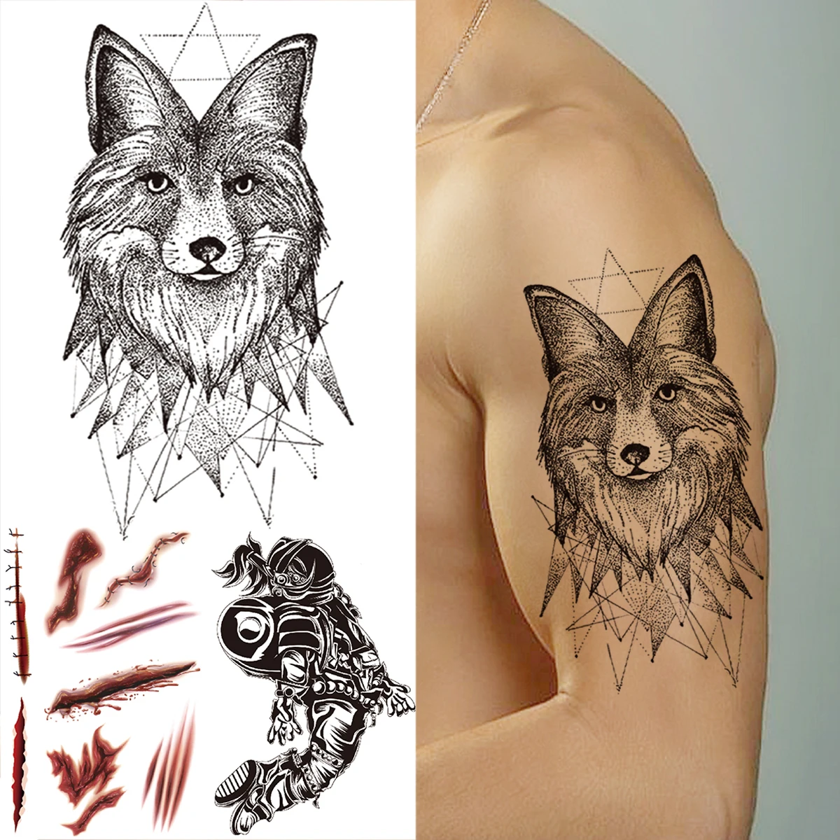 

Черные Геометрические Временные татуировки волка лисы для мужчин женщин мужчин Реалистичные астронавты Хэллоуин искусственная Татуировк...