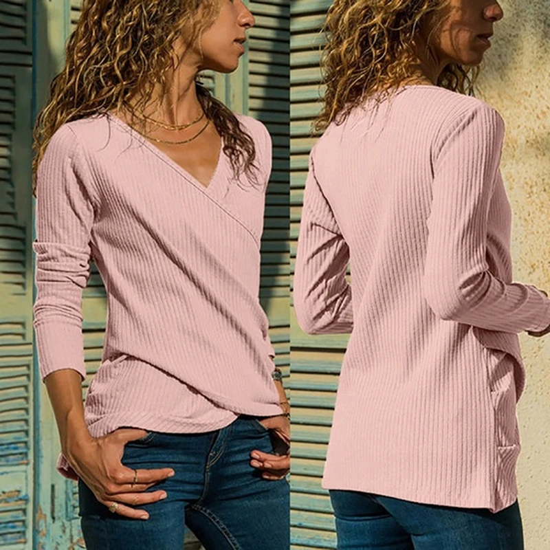 Women Basic T Shirt Top Autumn Criss-Cross V Neck Long Sleeve T-shirt Female Casual Tops Tees Cotton Blend Womens T-Shirts |