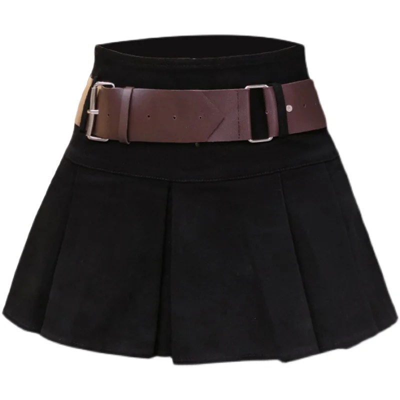 

Women Summer Black Pleated High Waist Skirts Sexy 2021 Streetwear Fashion Belt Lady Clothes Slim Sweet Girls Mini Skirt