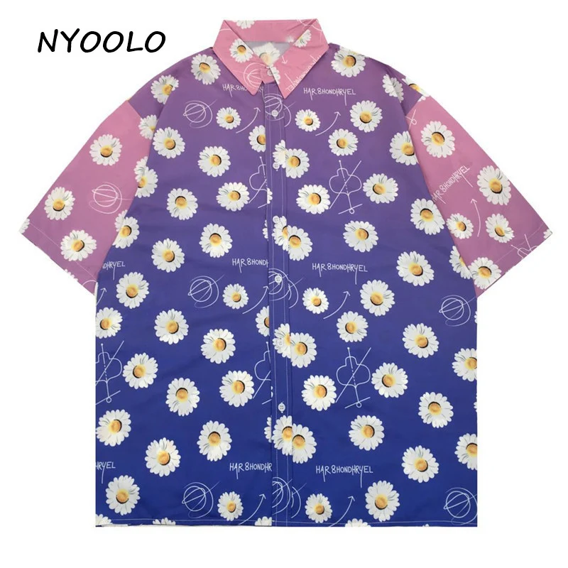 

NYOOLO Novelty design Gradient daisy letter print patchwork short sleeve shirt women top summer streetwear turndown collar shirt