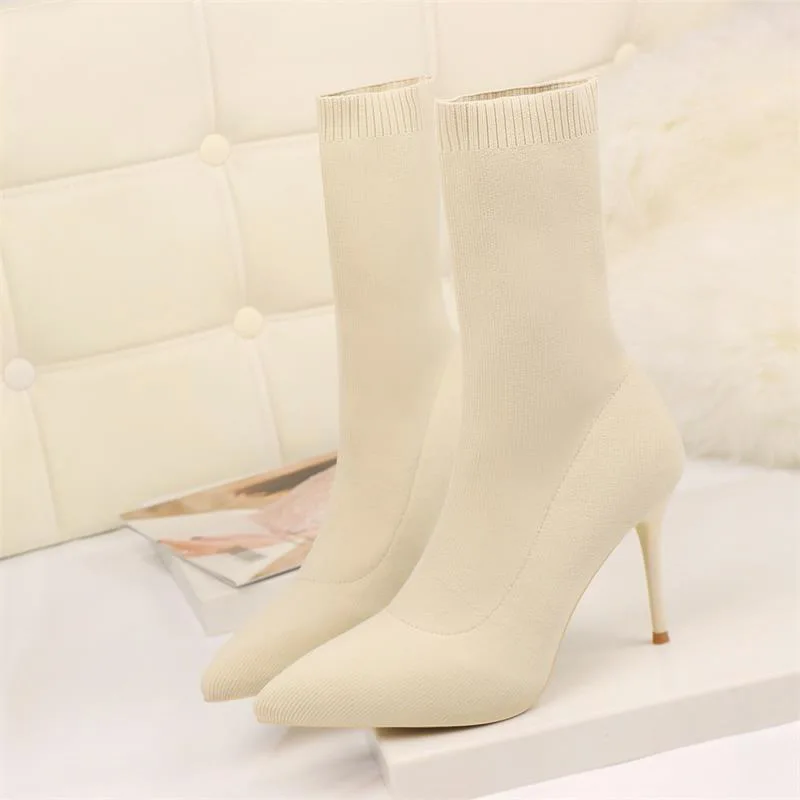 

Wool Women's thin heel pointed high heel short boots elastic middle sleeve boots autumn and winter show thin large size 7cm