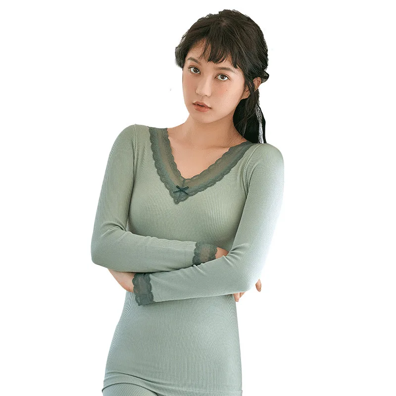 

2020 Autumn and Winter Modal Thermal Underwear Set Ladies V-neck Lace Autumn Clothes Long Pants Camiseta Interior Termica Mujer