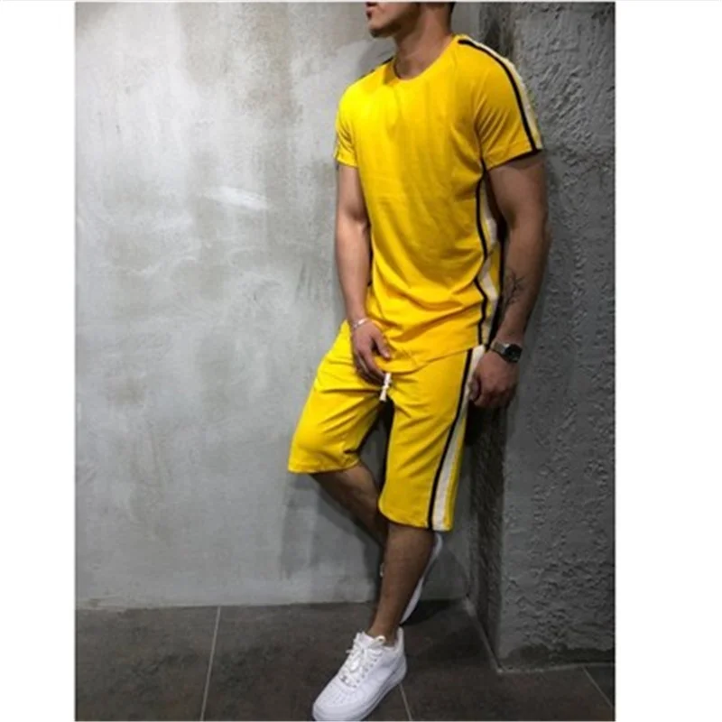 

New men's summer solid color striped T-shirt suit street fashion round neck sports casual clothing tide brand