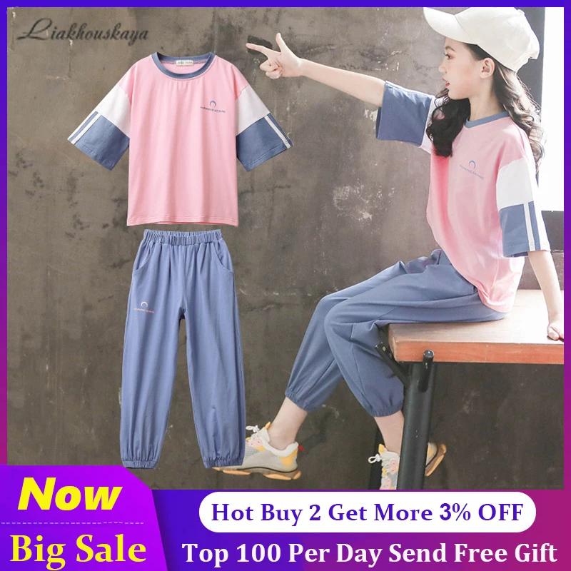 

Girls Clothes Set 110-160cm Summer Girls Clothes Children Clothing Short Sleeve T-Shirt+Long Pants 2 Pcs Girl Kids Suit Outfits