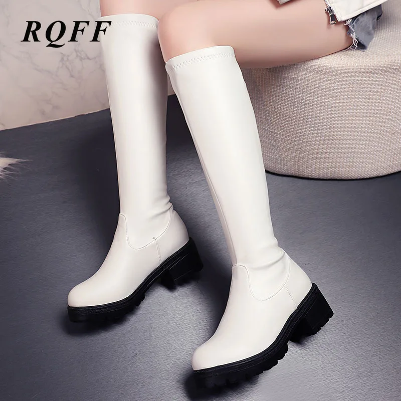 Женские сапоги до колена на платформе эластичные из искусственной кожи высоком
