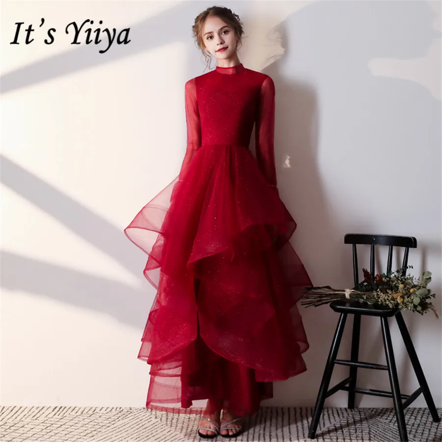 

It's Yiiya Evening Dresses Burgundy Plus Size Formal Evening Dress Long Sleeve E1439 Elegant Tiered Hem robe de soiree 2020