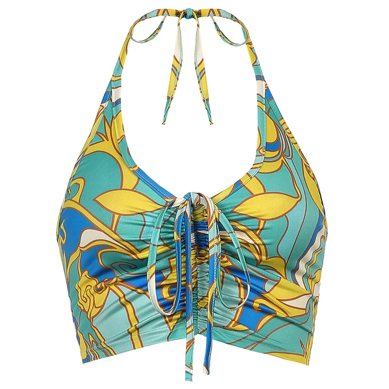 

Rockmore Printed Drawstring Crop Top 90s Vintage Halter Tank Top y2k Aesthetic Ruched Tie Up Camis Vest Women Beach Party Summer