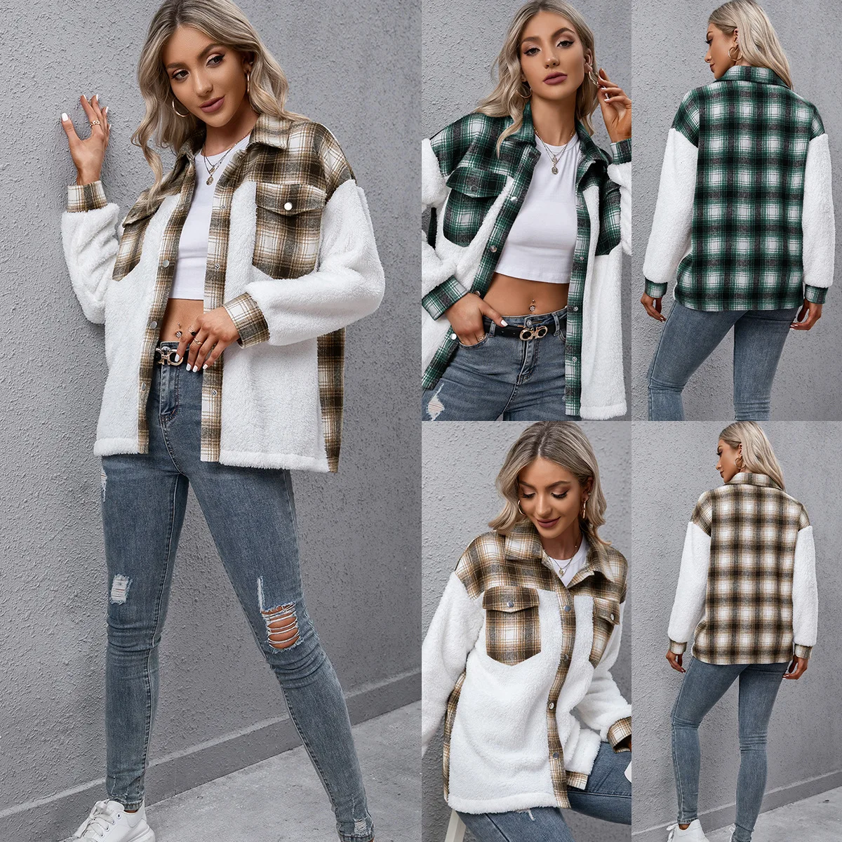 

2021 ladies thick cashmere long-sleeved plaid stitching loose casual plush shirt plaid jacket coat jacket women