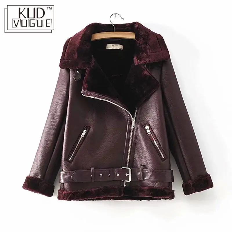 Куртка KUDVOGUE женская из искусственной кожи шерстяной ремень овчины мотоциклетная